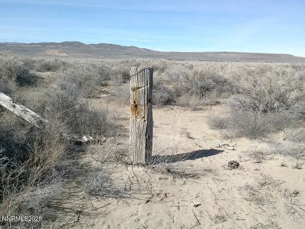 a view of a dry field with mountains in the background