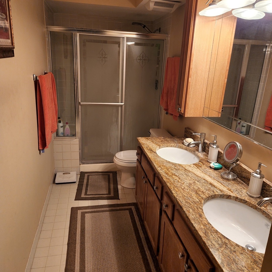 6441 West Warner Avenue, Unit 506 Chicago, IL 60634 - Photo 10 of 15 a bathroom with a granite countertop sink a mirror and shower