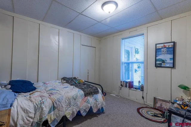 a bedroom with bed and a closet