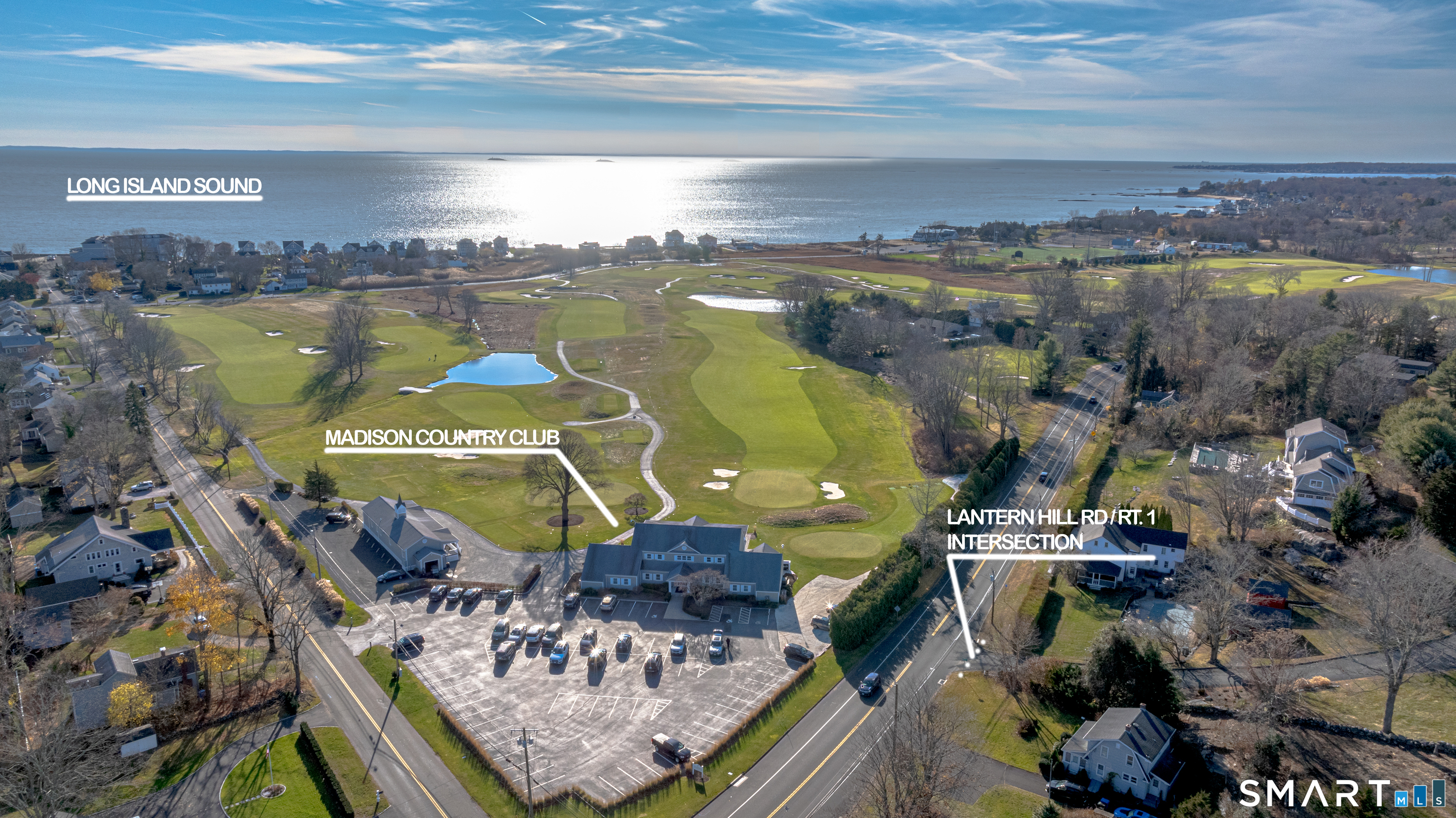 78 Lantern Hill Road Madison, CT 06443 - Photo 1 of 10 DRONE SHOWING MADISON COUNTRY CLUB, WEST WHARF ROAD AND ENTRANCE TO LANTERN HILL SUBDIVISION