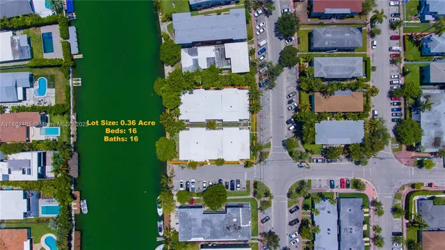 an aerial view of residential houses with outdoor space and trees