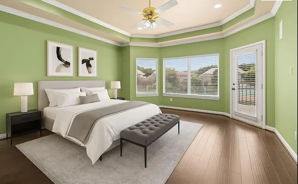 a bedroom with a large bed and a view of bedroom