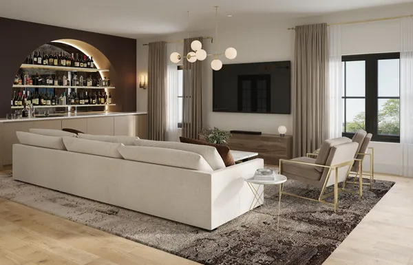 a living room with furniture a chandelier and a large window
