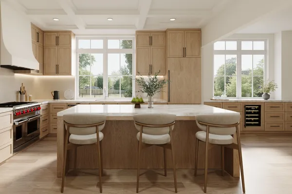 a kitchen with stainless steel appliances granite countertop a stove a sink a microwave a dining table and chairs