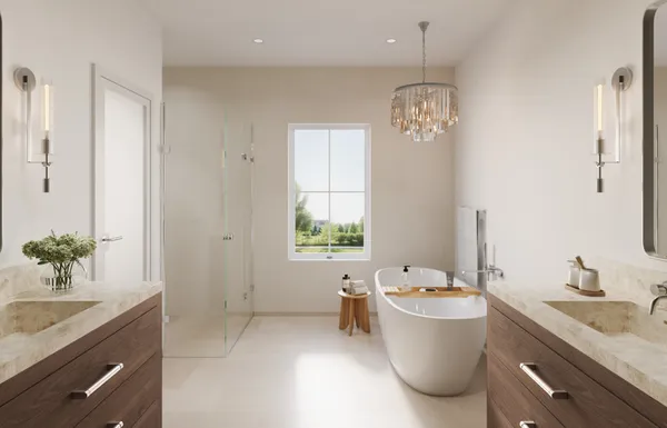 a bathroom with a granite countertop sink a large mirror and a bathtub
