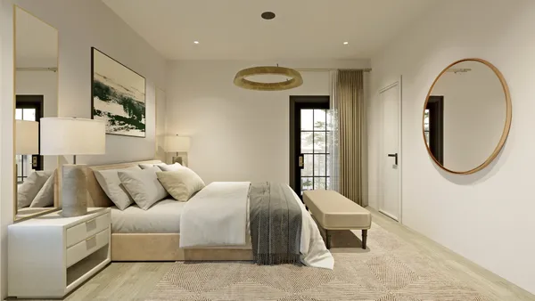 a bed room with a bed and a painting