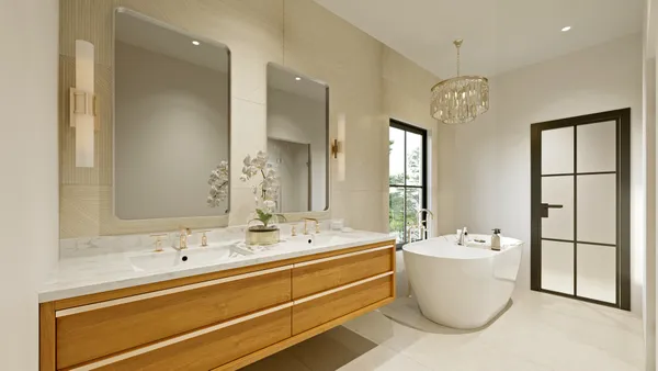 a bathroom with a double vanity sink mirror and bathtub