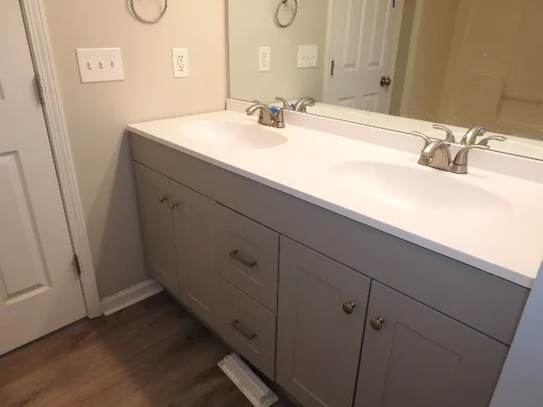 a bathroom with a sink and a mirror