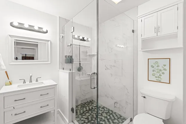 a bathroom with a shower sink vanity and toilet