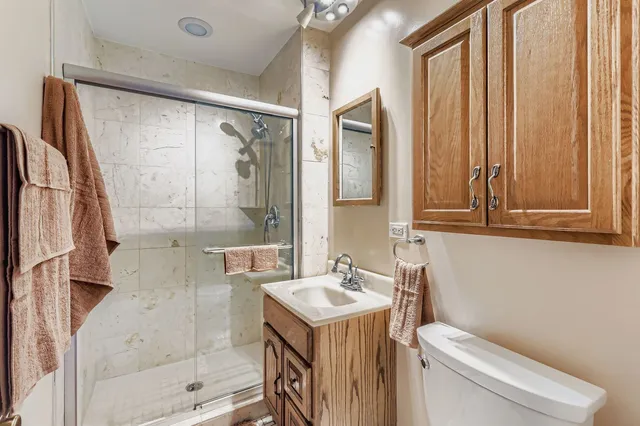 a bathroom with a sink a toilet and shower