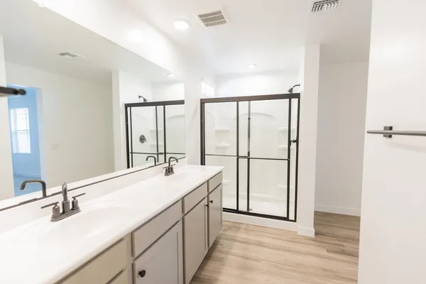 a bathroom with a double vanity sink and mirror