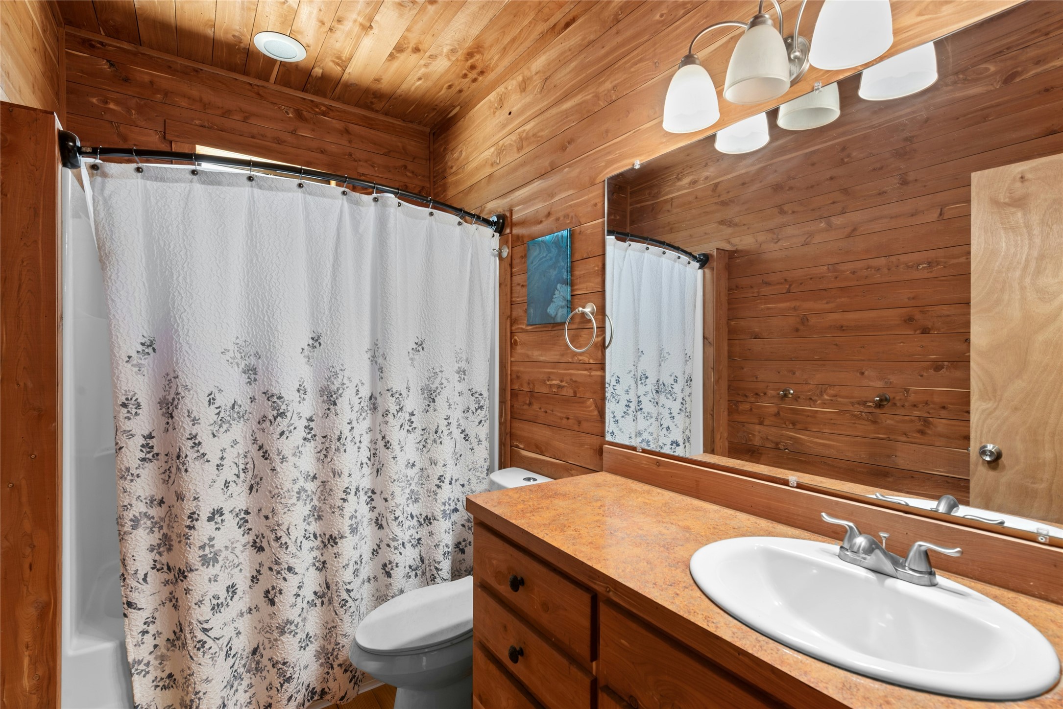 496 Middleton Road Spicewood, TX 78669 - Photo 25 of 40 Bathroom featuring wood paneling on walls and vaulted ceiling