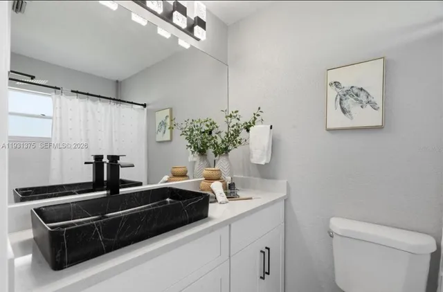 a bathroom with a sink a large mirror and vanity