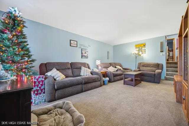 a living room with furniture plant and a window