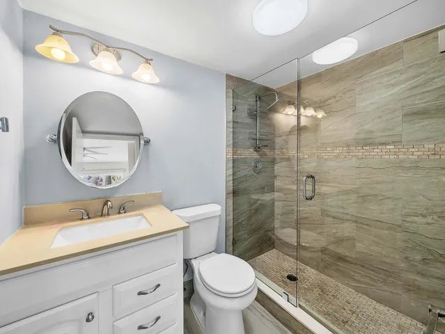 a bathroom with a shower and a toilet