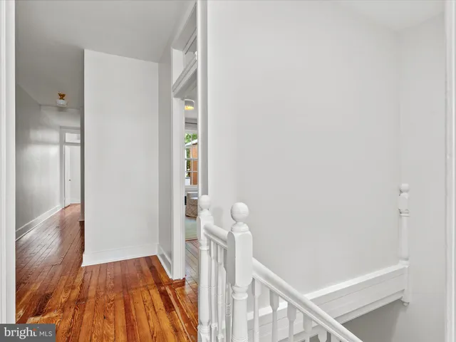 a view of a hallway with wooden floor and entryway