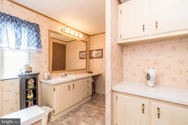 a bathroom with a sink and a mirror