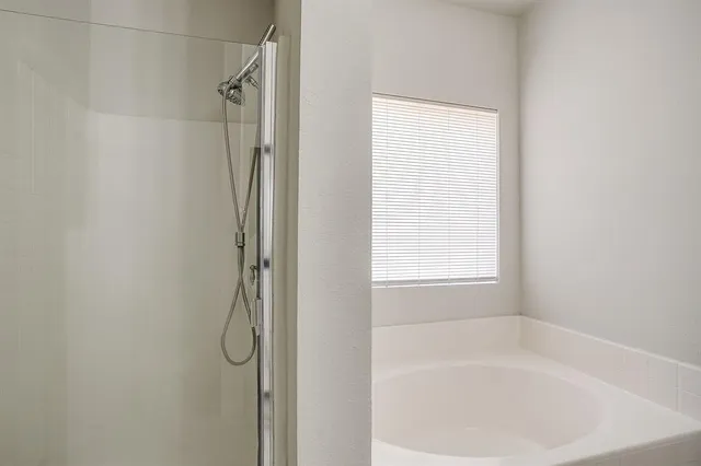 a bathroom with a bathtub and shower