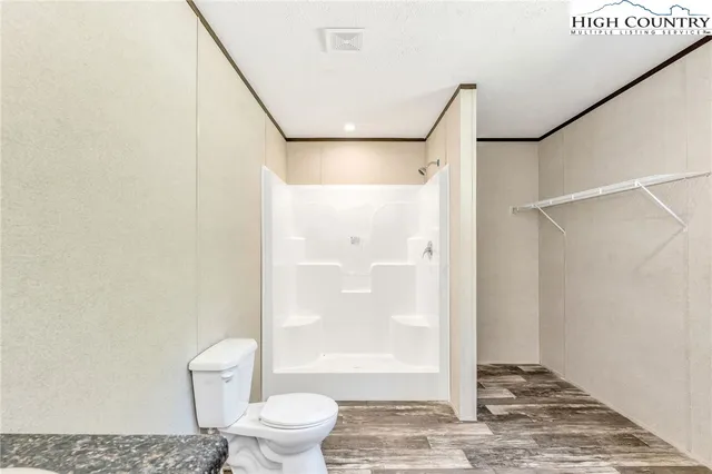 a bathroom with a shower and a toilet