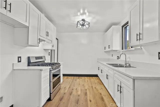 a kitchen with a stove a sink and a refrigerator