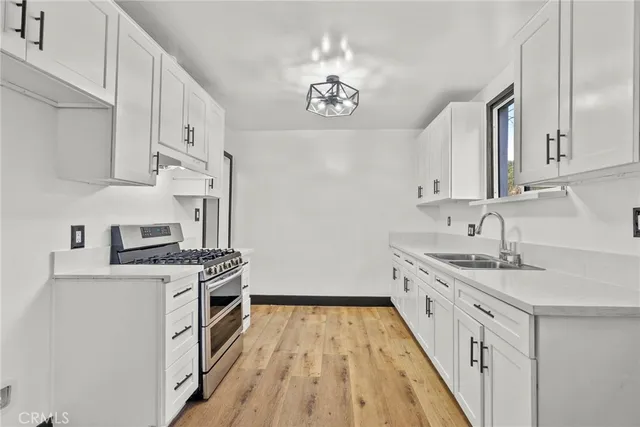 a kitchen with a stove a sink and a refrigerator