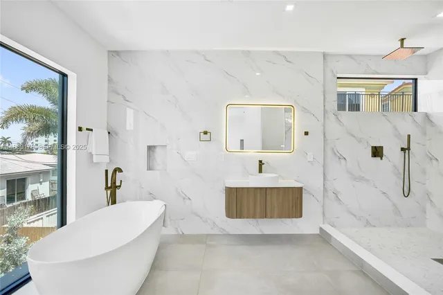 a view of backyard with swimming pool and outdoor seating