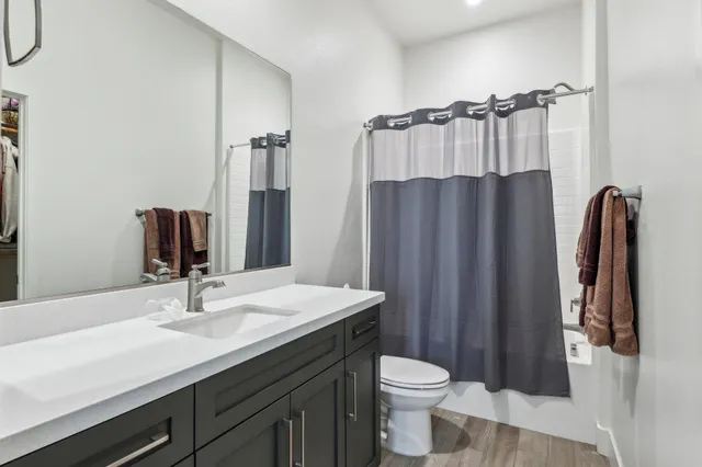 a bathroom with a sink a toilet a mirror and shower curtain