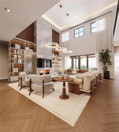a living room with fireplace furniture and a large window