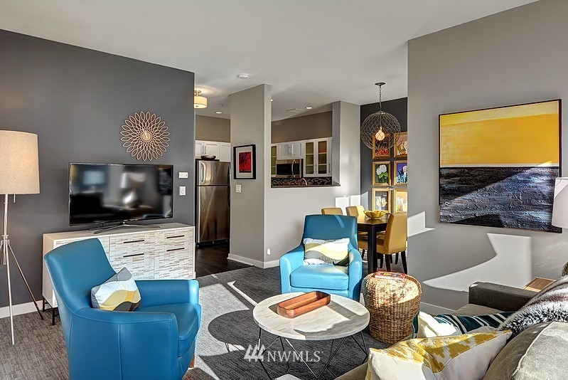 2415 2nd Avenue, Unit 547 Seattle, WA 98121 - Photo 5 of 20 a living room with furniture a flat screen tv and a large window
