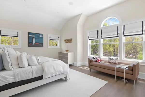 a spacious bedroom with a bed and a large window