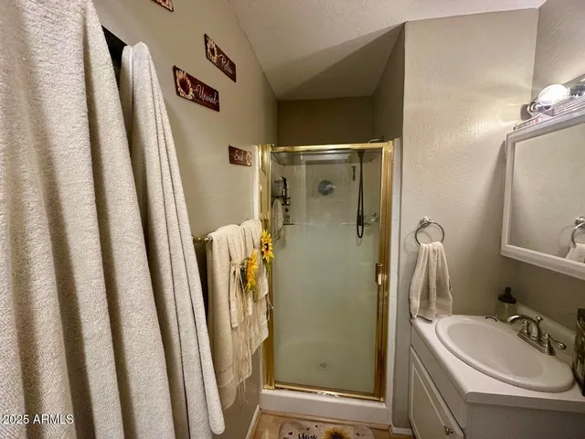 a bathroom with a sink a toilet a mirror and shower