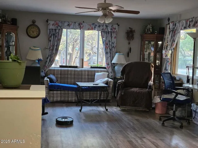 a living room with furniture and a window