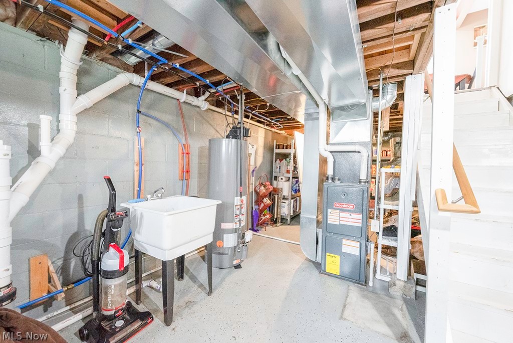 741 State Road Northwest Warren, OH 44483 - Photo 19 of 27 Basement with heating utilities, sink, and gas water heater