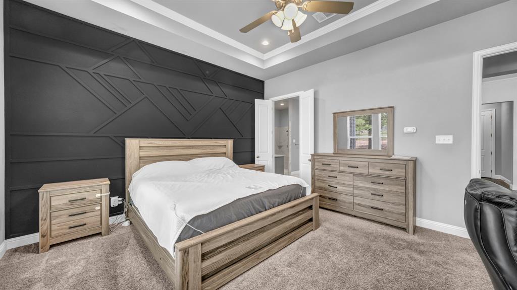 115 Post Oak Way Weatherford, TX 76087 - Photo 15 of 39 Bedroom featuring carpet floors, an accent wall, ceiling fan, and recessed lighting
