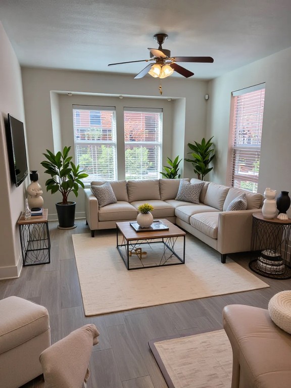 1601 Miriam Avenue, Unit 210 Austin, TX 78702 - Photo 3 of 15 Living area with light wood-type flooring, a ceiling fan, and plenty of natural light