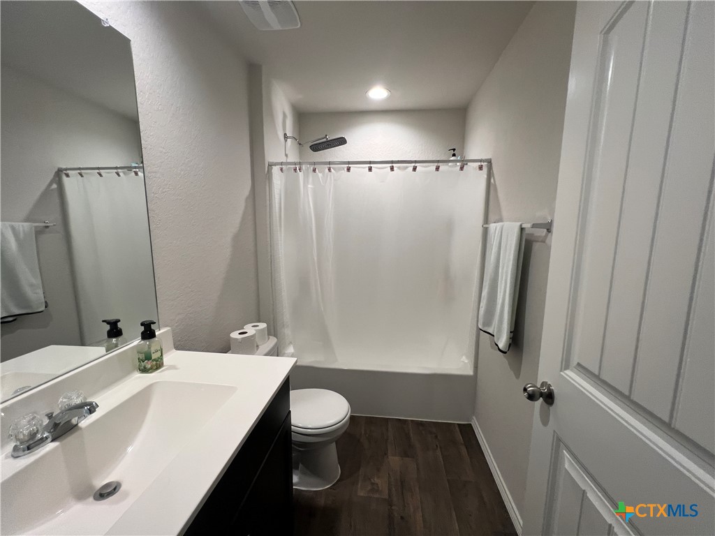 809 Margay Loop Seguin, TX 78155 - Photo 8 of 20 a bathroom with a sink a toilet a mirror and shower