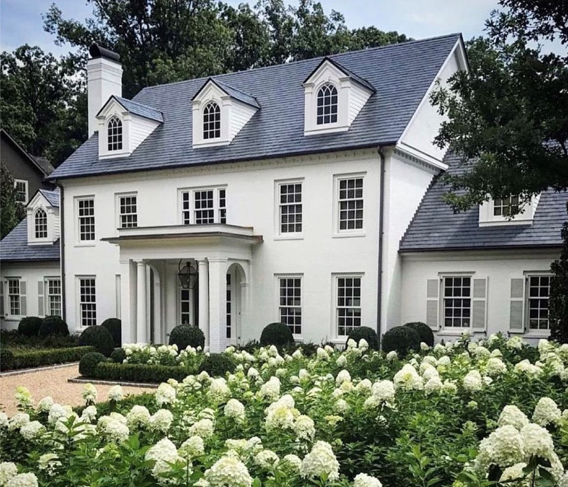 a view of a white house with large windows and a flower plants
