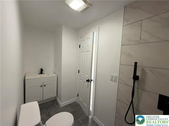 a bathroom with a sink a toilet and shower
