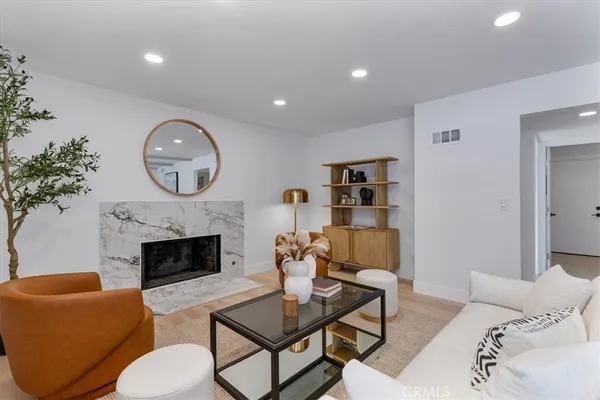a living room with furniture a fireplace and a potted plant