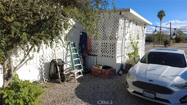 an outdoor space with furniture