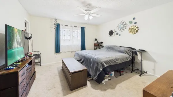 a bedroom with a bed and a flat tv screen on the dresser