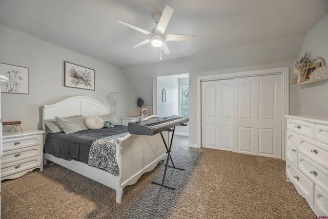 a bedroom with a bed and closet