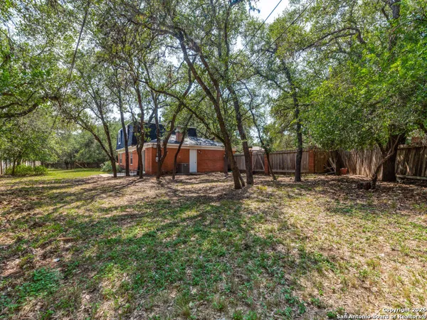 a view of a backyard with large trees