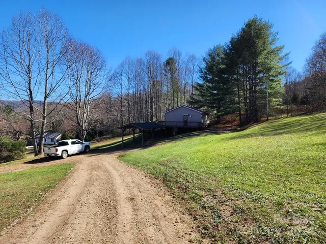 a view of dirt yard with a large tree