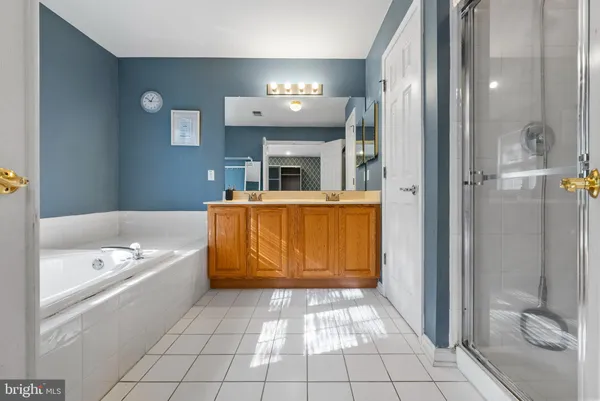 a bathroom with a tub a sink and a large mirror