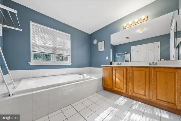 a bathroom with a tub a sink and a large mirror