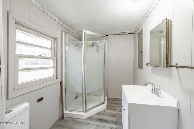 a bathroom with a shower sink vanity and mirror