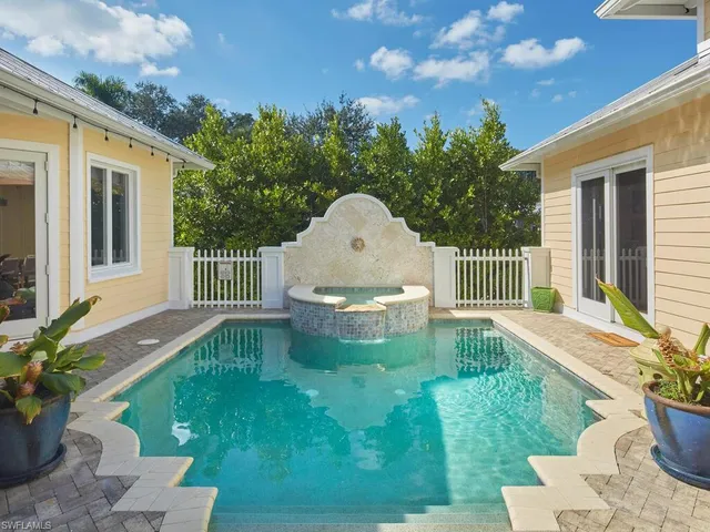 a garden view with a seating space