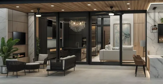 a building outdoor space with patio furniture and potted plant