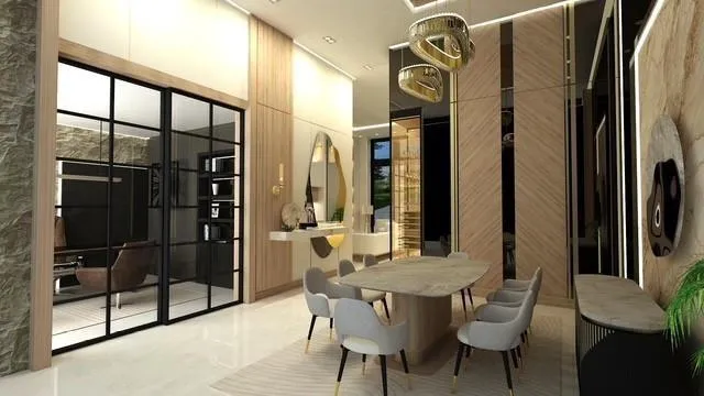 a view of a dining room with furniture